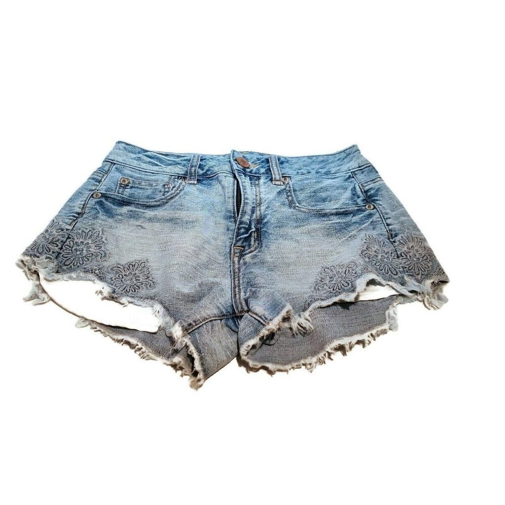 American Eagle Vintage Hi Rise Festival Distressed Floral Blue Jean Shorts 0